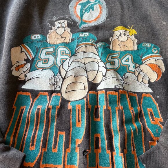Tultex XL Dolphins Flinstones Sweatshirt Grunge Faded Football Black Vintage - Picture 5 of 13